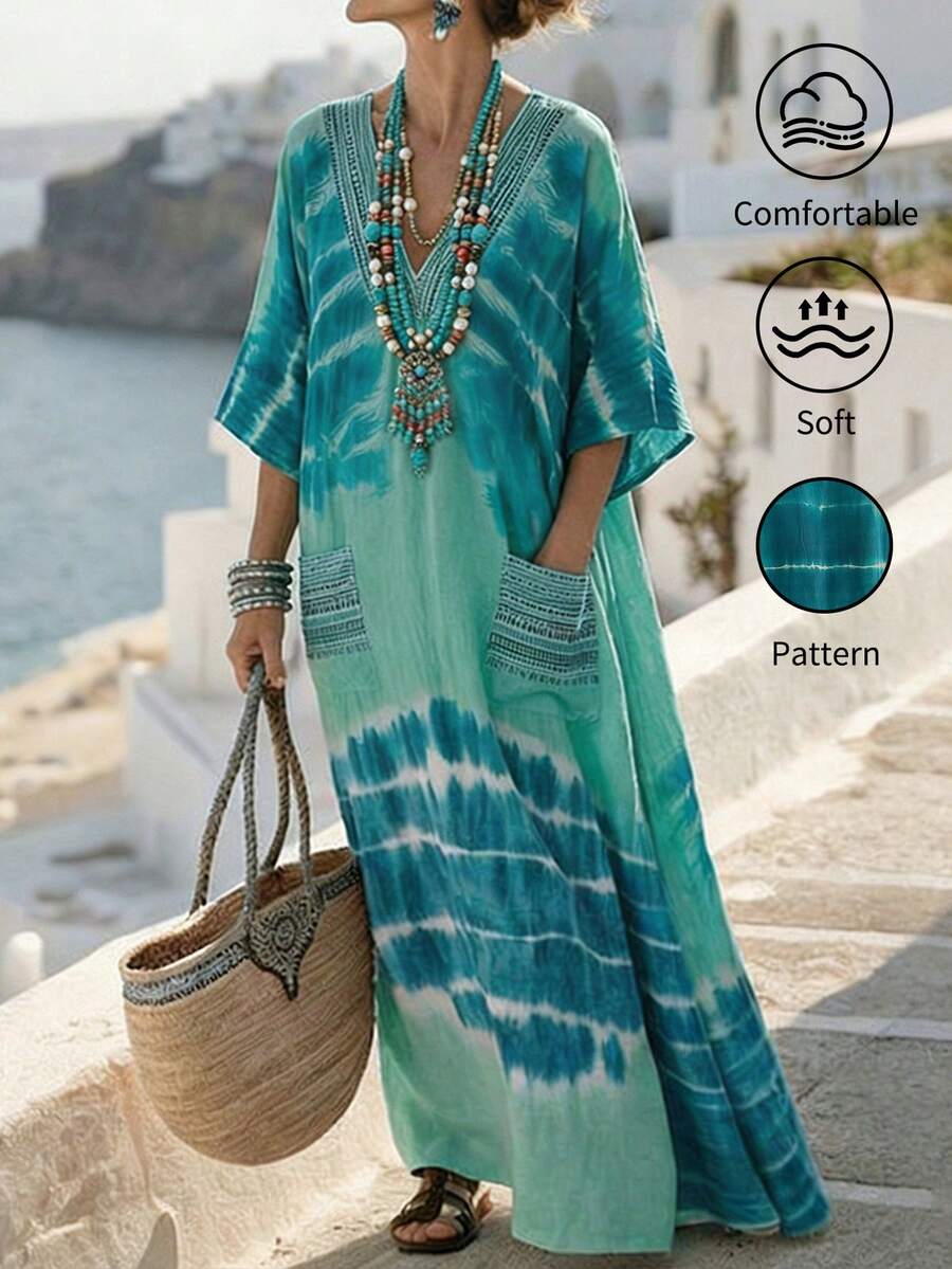 Breezaya 女士休闲扎染图案长连衣裙 绿色 V 领和服式半袖不对称下摆卡夫坦夏季连衣裙 女士夏季服装 沙滩连衣裙 地中海风格服装 波西米亚风连衣裙