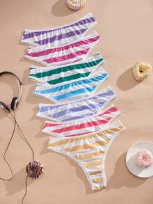 Eraneu 7pcs/Pack Women's Colorblock Striped Print Comfortable Briefs - Multicolor - View 3