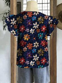 EMERY ROSE Plus Size Casual Floral Print Short Cap Sleeve Shirt - Navy Blue - View 3