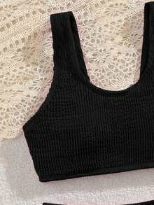 SHEIN Conjunto de bikini para niñas preadolescentes, de tela ondulada de punto, elegante y modesto, estilo europeo y americano, adecuado para vacaciones, natación, verano y playa. Conjunto de traje de baño de cintura alta modesto. Traje de baño negro de 2 piezas para niñas de 14 años. Traje de baño texturizado de 2 piezas. - Negro - Ver 3