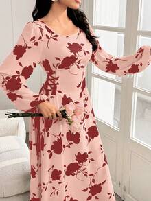 Al Najma Round Neck Lantern Sleeve Side Drawstring Dual-Color Print Dress - Red - View 2