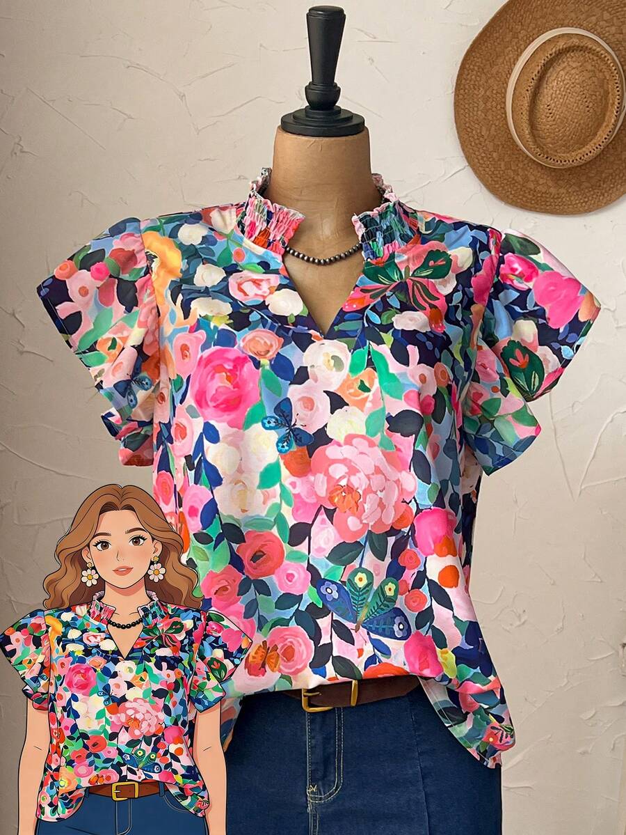 Rusticease Plus Size Navy Blue Print Casual Elegant Gothic Boho Summer Spring Country Style Blouse Vacation Brunch Vacation Office Vacation - Multicolor - View 1