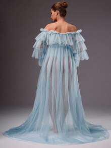 MaterniChic Vestido de maternidad de unicolor con malla, hombros descubiertos, abertura alta y cola - Celeste - Ver 2