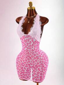 Amplova Women's Fashion Sexy Lace Patchwork Leopard Print Backless Bodycon Mini Dress - Pink - View 3