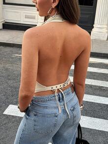 Avenya Plunging Neckline Studded Pointed Hem Adjustable Buckle Backless Halter Top - Apricot - View 5