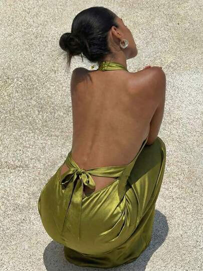 Aloruh 女士性感露背长裙，浪漫蝴蝶结挂脖美人鱼礼服，适合情人节约会、新年派对、休闲外出、下午茶等场合