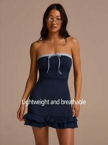 Fluxe 女士夏季无肩带扭结褶皱优雅短裙 - 藍色 - 查看 8