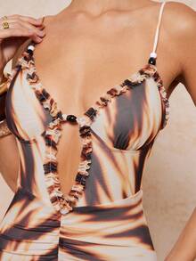 Lumalex 女士撞色镂空褶皱腰身优雅长吊带连衣裙，适合派对穿着 - 咖啡 - 查看 3