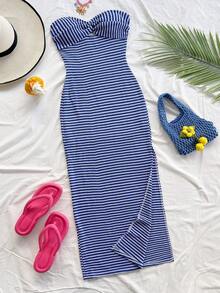 Soleia 女士优雅条纹连衣裙，休闲百搭，适合度假、派对、约会、冬季穿着 - 藍白色 - 查看 5