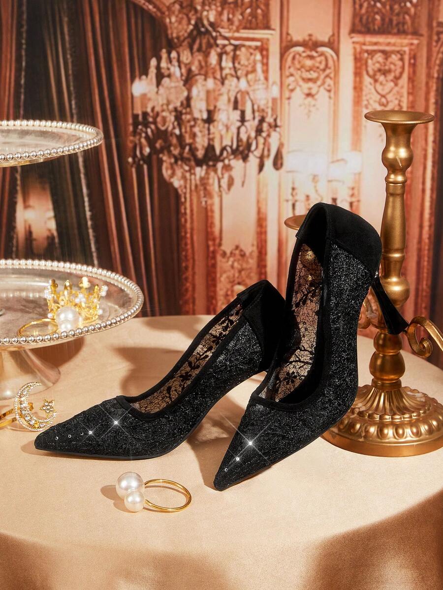 CUCCOO TILAWA Women's Solid Color Mesh High Heels, Lace Mesh Slip-On Shoes, Elegant High Heels, Pointed Toe Charming Formal Shoes - Black - View 1