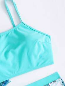 Swim Lushoire 女士三件套泳衣，湖蓝色吊带比基尼上衣、佩斯利印花短裤和沙滩罩衫 - 彩色 - 查看 7