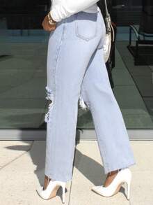 Steph T Y2k破洞原始邊緣修剪直腳牛仔褲 - 淺色水洗藍 - 查看 3