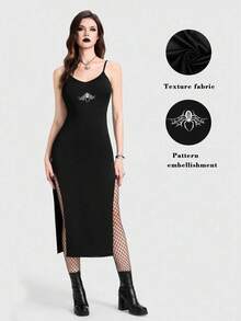 Breakform Đầm Gothic gợi cảm dành cho nữ, cổ chữ V, dây đeo có thể điều chỉnh, in hình nhện, ôm sát người và xẻ tà hai bên. - màu đen - Xem 1