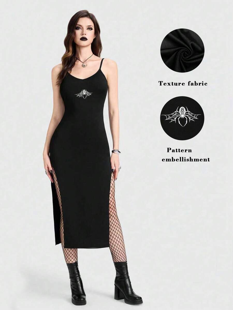 Breakform Đầm Gothic gợi cảm dành cho nữ, cổ chữ V, dây đeo có thể điều chỉnh, in hình nhện, ôm sát người và xẻ tà hai bên. - màu đen - Xem 1