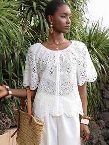 Vesra Women's Vacation Casual Solid Color Hollow Embroidered Blouse - White - View 1