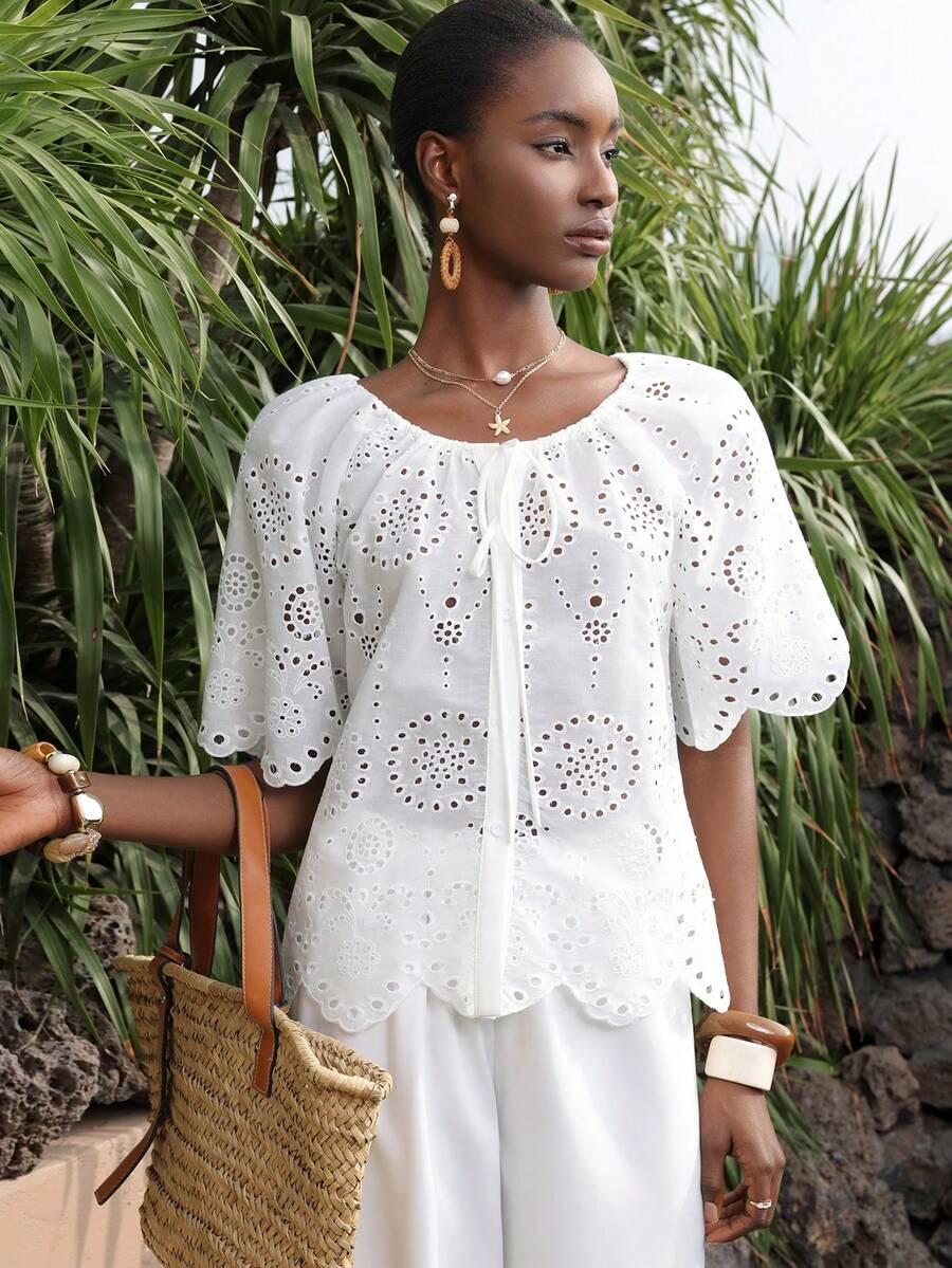 Vesra Women's Vacation Casual Solid Color Hollow Embroidered Blouse - White - View 1