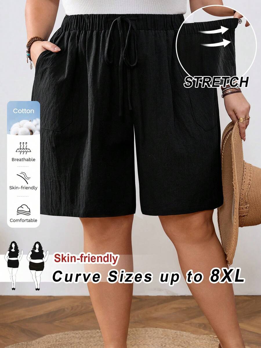 SHEIN CURVE+ Curve 尺码 US22 音乐节、海滨度假、波西米亚风女士抽绳腰带口袋舒适休闲短裤，适合海滩度假、机场出行、黑色女士休闲短裤、夏季返校季 - 黑色 - 查看 1