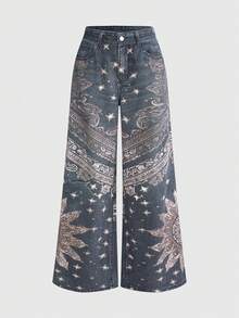 ROMWE Grunge Punk Women's Low Waist Oversized Distressed Paisley Print Full Pattern Hippie Denim Jeans - Blue - View 1