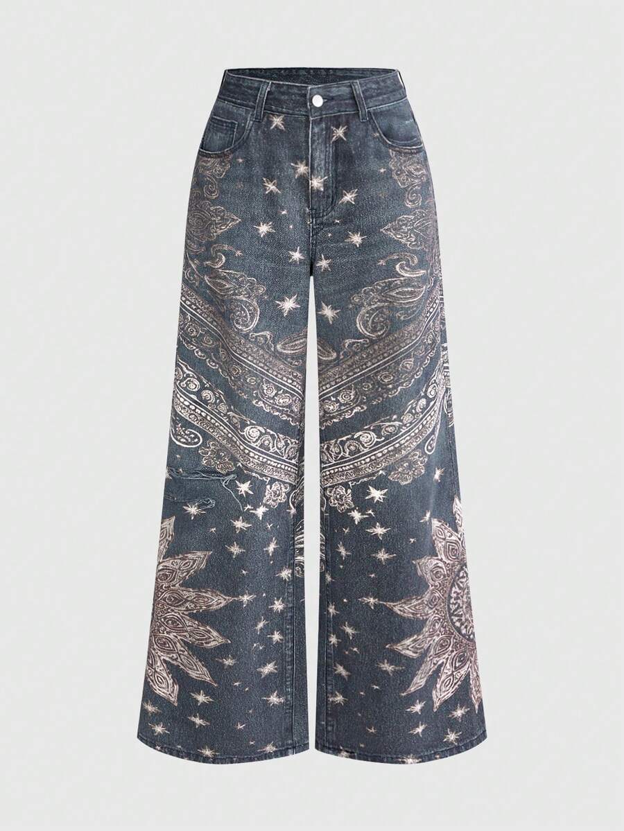 ROMWE Grunge Punk Women's Low Waist Oversized Distressed Paisley Print Full Pattern Hippie Denim Jeans - Blue - View 1