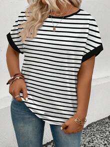 EMERY ROSE Women's Spring/Summer New Round Neck Short Sleeve Striped Print Casual Versatile Plus Size T-Shirt - White - View 6