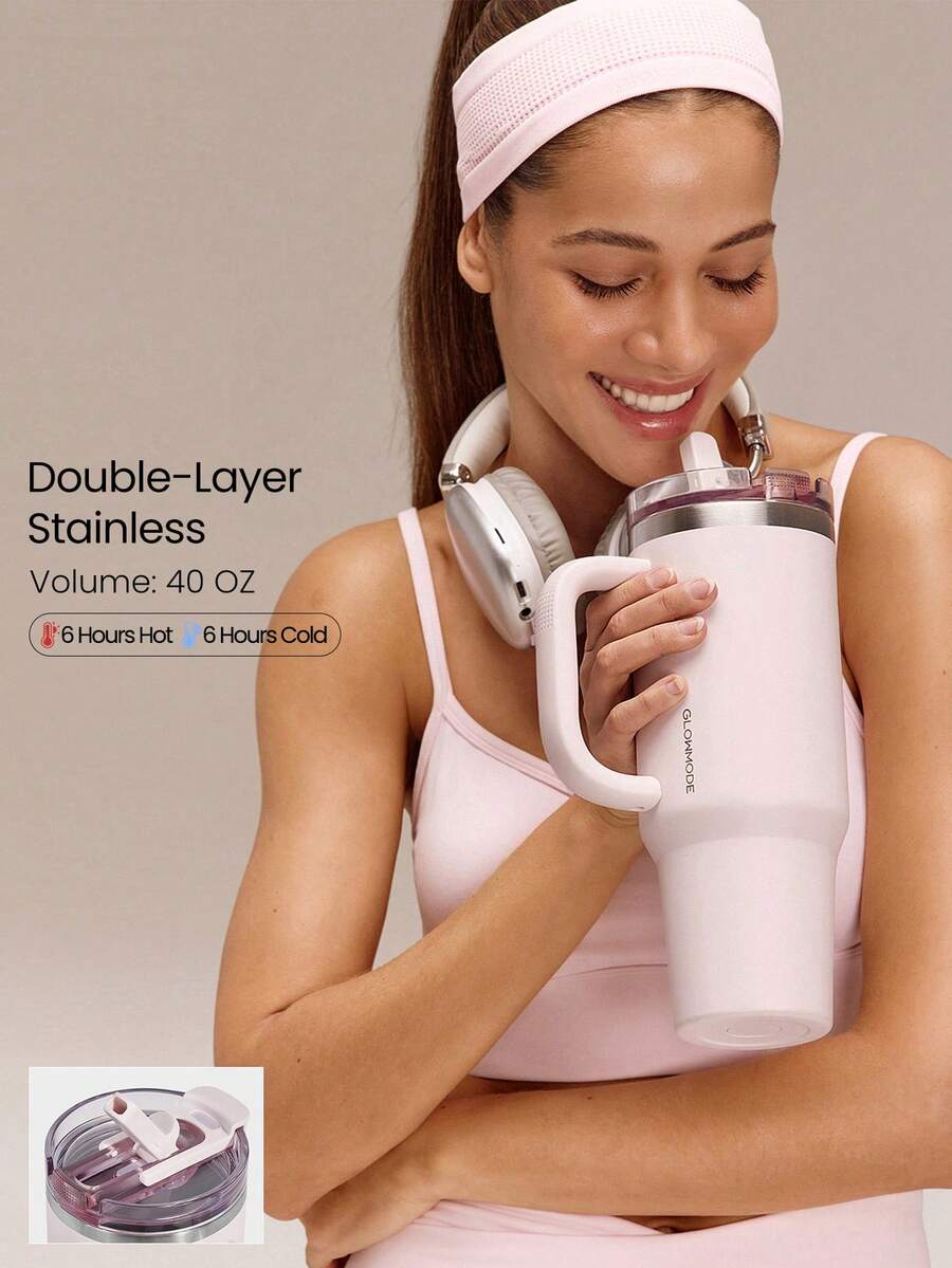 GLOWMODE 40 OZ Big Sips Insulated Stainless Steel Portable Travel Collapsible Straw Car Cup Holder Compatible Hot Cold Drink Tumbler Daily Casual - Pink - View 1