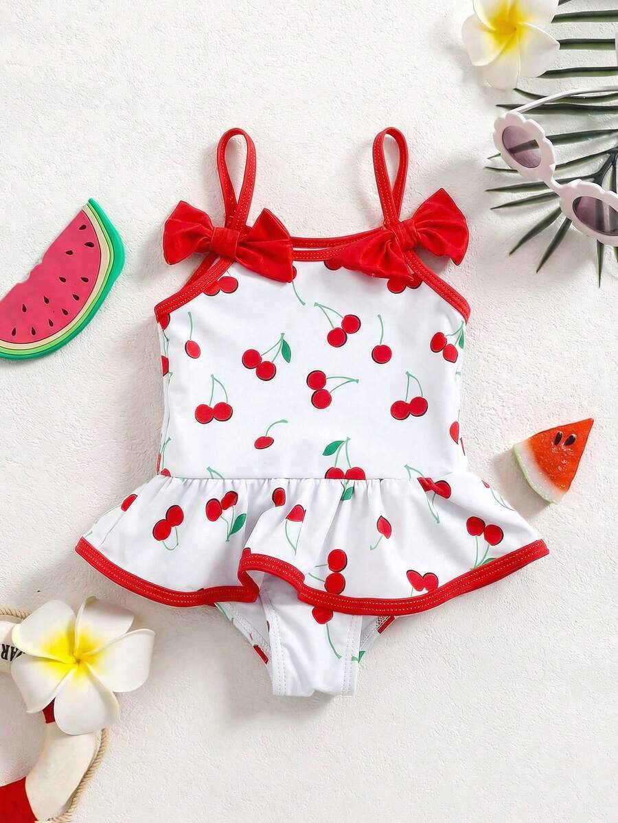 Emery Rose Kids Emery Rose Kids 女婴可爱卡通樱桃印花蝴蝶结装饰连体泳衣，适合春夏穿着 - 彩色 - 查看 1