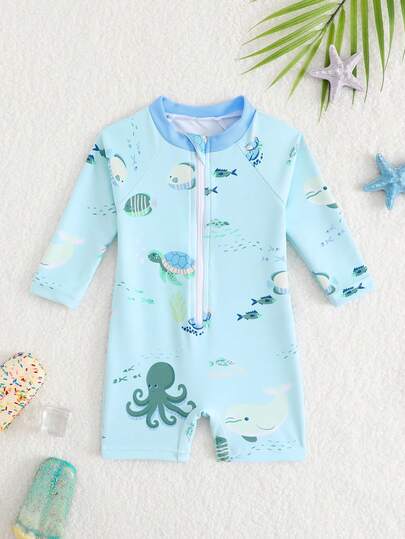 男婴长袖连体泳衣，可爱海底世界印花，防紫外线