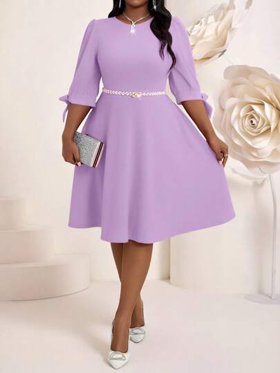 SHEIN Lady Plus Size Spring And SummerElegant Party Commuting Wedding Cocktail Party Office Purple Knitted Round Neck Flared Leg-Of-Mutton Sleeve Bow Midi Three Quarter Length Sleeve Plus Size Dresses Summer Dress Summer Outfits Summer Dresses For Women Festival Dresses Festival Outfits For Women Wedding Guest Dress For Women Weddings & Events Graduation Outfit For Mother Going Out Outfits Birthday Dress Birthday Dresses For Women Elegant Dresses Elegant Dresses For Women