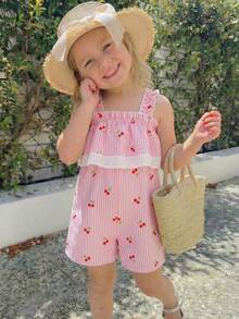 SHEIN 1pc Young Girl Summer New Off-Shoulder Sleeveless Ruffled Jumpsuit, Cherry Striped Print Fabric, Minimalist Retro Casual Vacation Outfit - Pink - View 1