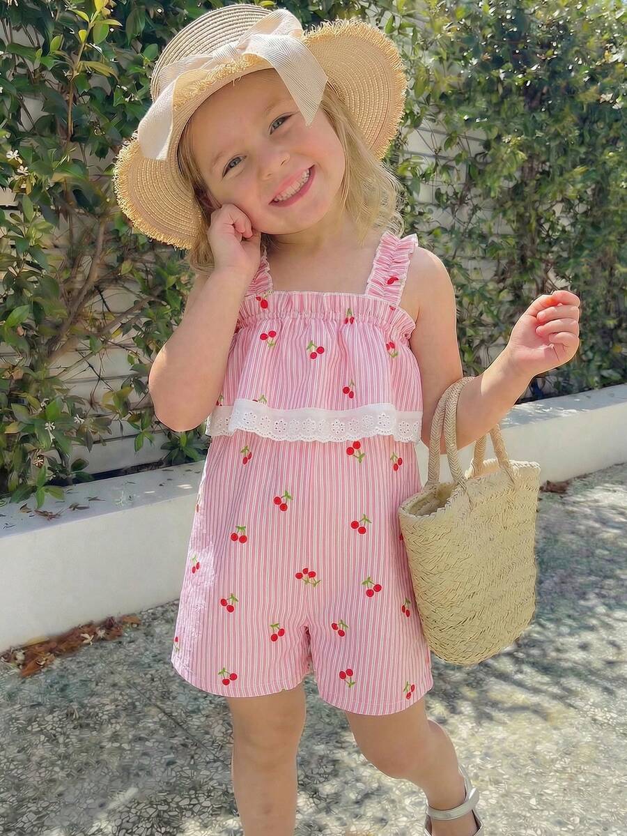 SHEIN 1pc Young Girl Summer New Off-Shoulder Sleeveless Ruffled Jumpsuit, Cherry Striped Print Fabric, Minimalist Retro Casual Vacation Outfit - Pink - View 1