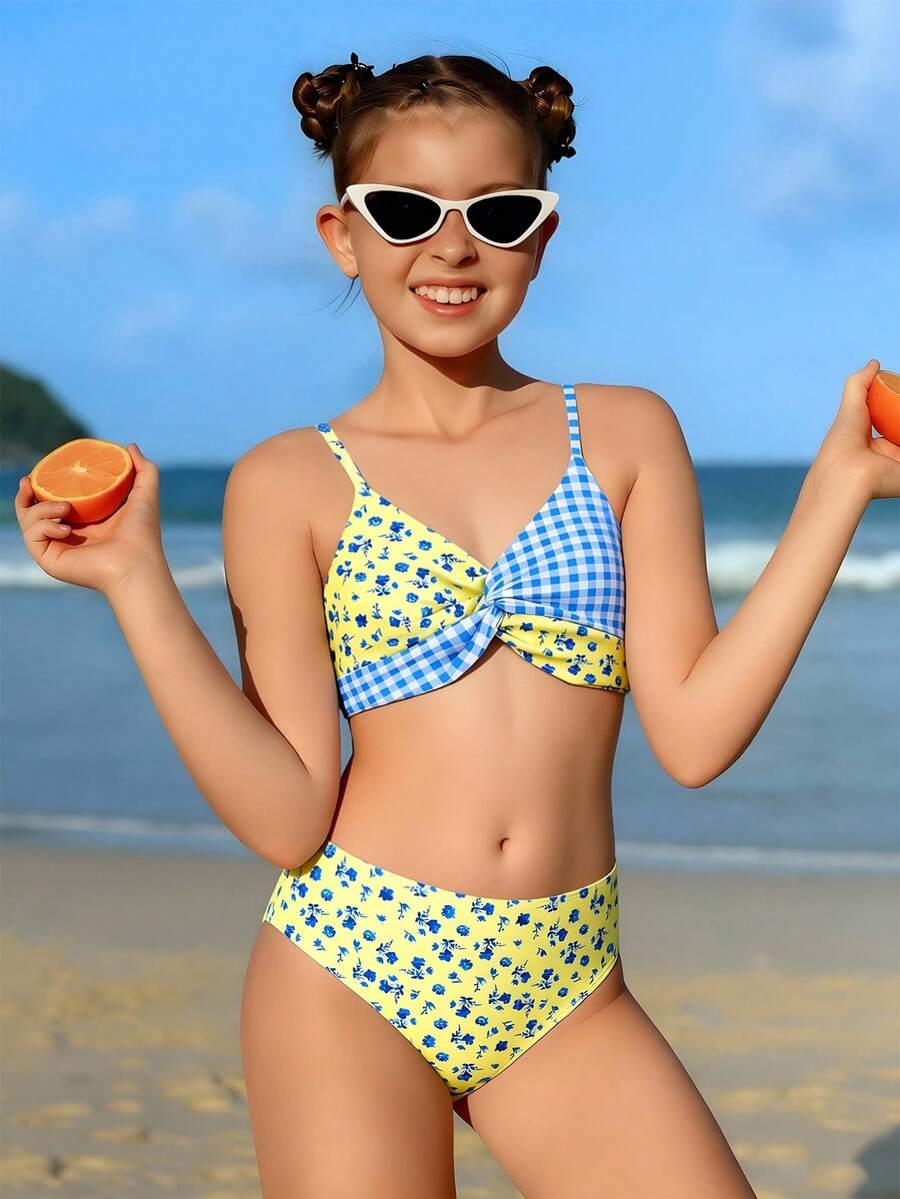 SHEIN 两件套少女格子碎花弹力速干舒适针织面料连体泳衣套装，适合游泳池、海滩、冲浪、度假、夏季旅行 - 彩色 - 查看 1