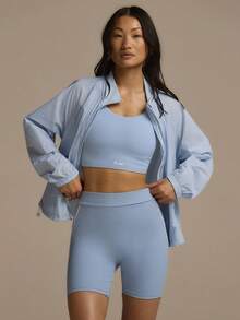 Fluxe 女款灰藍色交叉露背短版上衣，夏季性感健身運動套裝，純色運動服，優雅襯衫，休閒海灘度假穿搭 - 淺藍色 - 查看 12