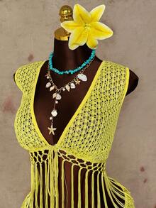 Sunspun Elegant Hollow-Out Fringed Sexy Crop Top & Skirt Set, Suitable For Beach Vacation - Yellow - View 5