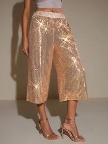 LOTSLUV Women's Gold Sequin Fabric Straight Leg Loose Casual Pants, Spring/Summer - Gold - View 3