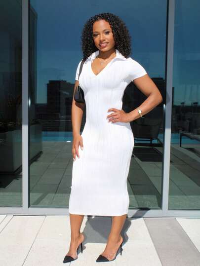 Steph T 夏季休闲优雅简约基础款新款翻领V领短袖修身长裙白色波浪针织面料女装