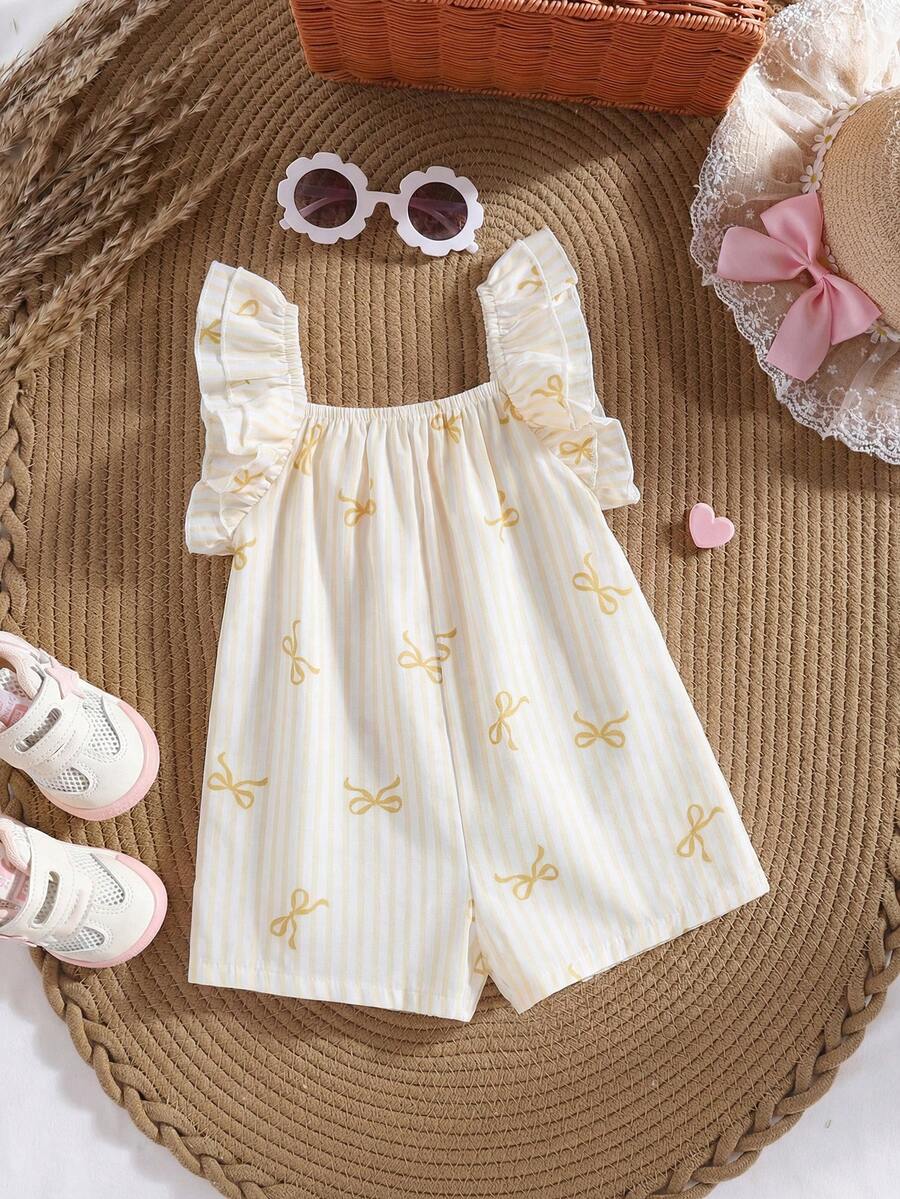 Baby Girl Summer Cute Yellow & White Striped Bow Ruffle Romper Yellow Vintage Baby Girl Clothes Ruffle Sleeve Baby Top 2pcs Set Toddler Girls Cute Vintage Style Bow Print Baby Clothes - Yellow - View 1