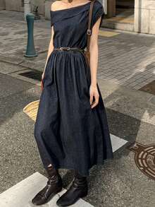 FRIFUL Vestido de mezclilla con hombro asimétrico y drapeado para vacaciones de mujer - Azul - Ver 2