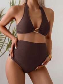 SHEIN Swim Vcay Pregnant Women Summer Beach Solid Color Halter Bikini Set - Rust Brown - View 4