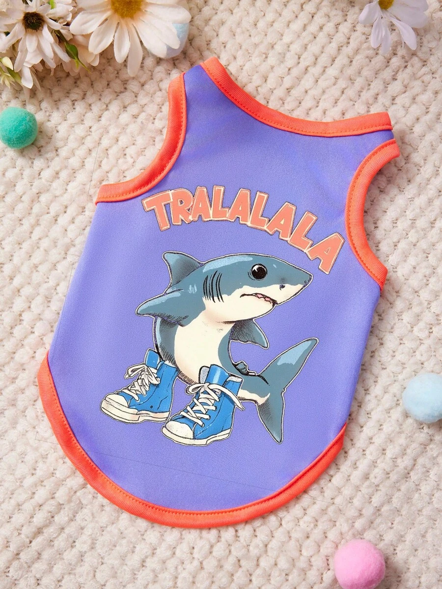 PETSIN 1 pièce Débardeur pour animal de compagnie avec imprimé lettre baleine bleue, patchs violets, doux, respirant et confortable - Multicolore - Voir 1