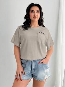EURMUSE Plus 100%Cotton T-Shirt With Flower Embroidery, Round Collar, Pocket Details - Beige - View 4