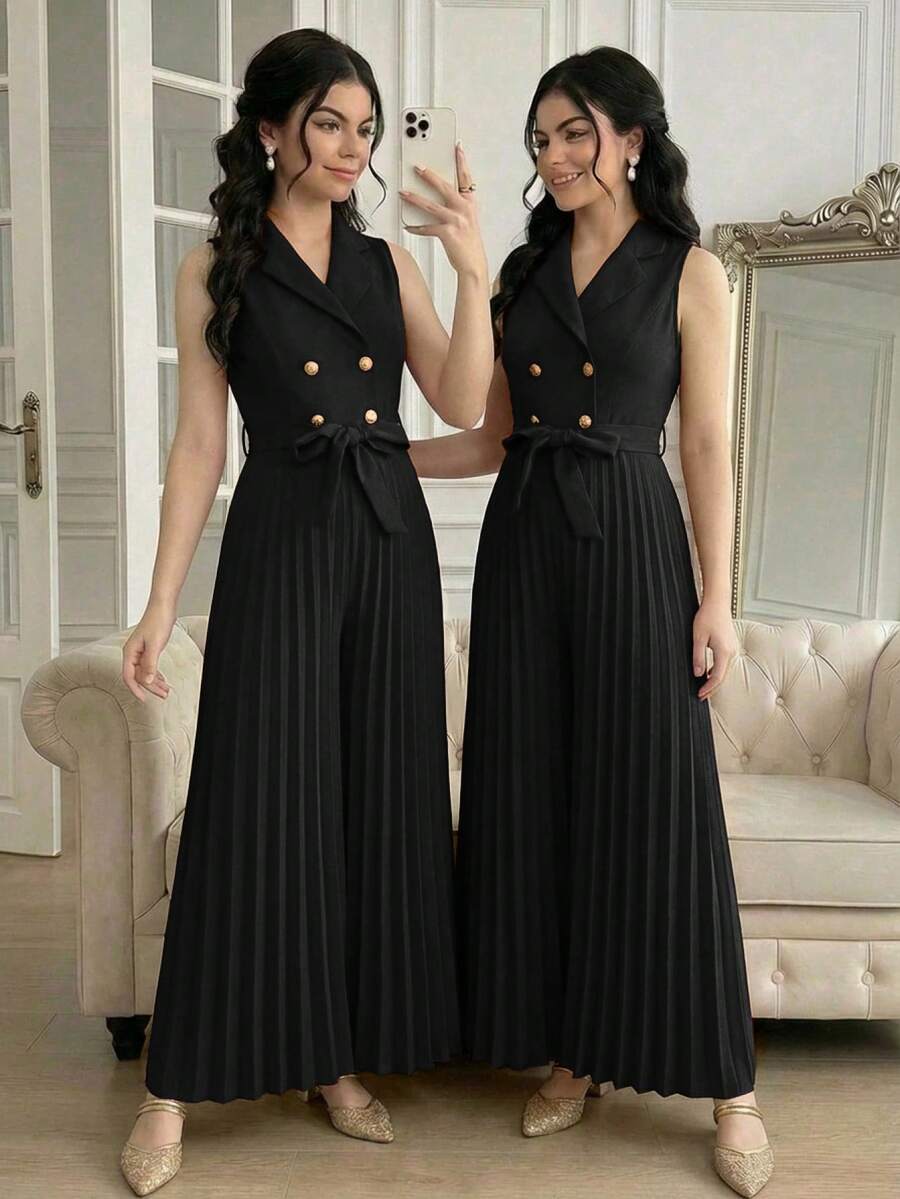 Teen Girls Casual Commute Elegant Black Lapel Double-Breasted Belted Waistcoat Pleated Wide Leg Jumpsuit/Wedding Guest Outfit, Suitable For Occasions Like Holidays, Parties, Weddings, Back To School, Graduation - Black - View 1