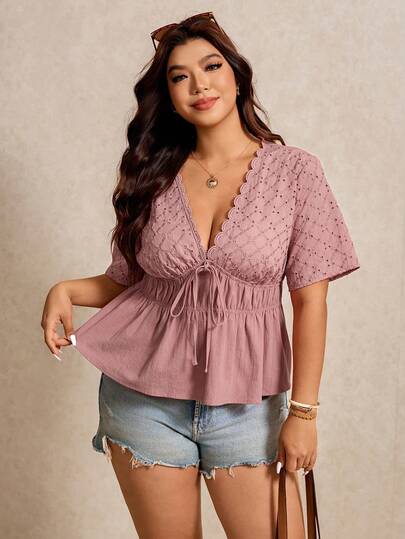 Elaquor Plus Size Women Deep V-Neck Knotted Ruched Casual Versatile Daily Wear Blouse