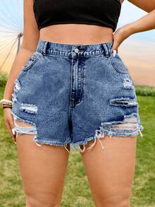 SHEIN EZwear 大码纯色做旧毛边修身性感牛仔短裤 - 淺色水洗藍 - 查看 2