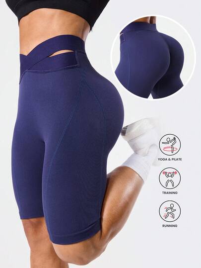 Seamluxe SHEIN Sport 1pc Women's Seamless High Elastic Criss-Cross Waist Side Striped Running, Fitness, Yoga Seamless Sports Shorts