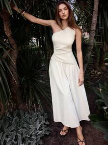 Maija White Asymmetric-Shoulder Drawstring Loose A-Line Dress For Women  Work Outfits For Women Summer Ivory Dress Asymmetrical Dress One Shoulder Dress Elegant Dress Cream Dress - White - View 3
