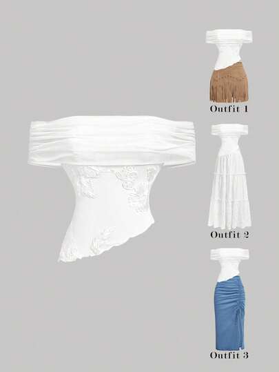 SHEIN MOD 女士褶皱刺绣露肩不对称下摆T恤