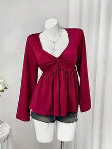 Sweetra Kaos Lengan Panjang Seksi Slim Fit dengan Desain V-Neck Model Twist Terbaru untuk Musim Semi/Panas - Burgundy - View 3