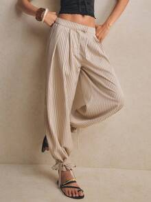 Poéselle Women's Striped Pocket Casual Versatile Daily Wear Pants,Striped Wide Leg Pleated Pants With Ankle Tie, High Waist Loose Fit Trousers, Casual Spring Summer Office Outfit For Women - Multicolor - View 4