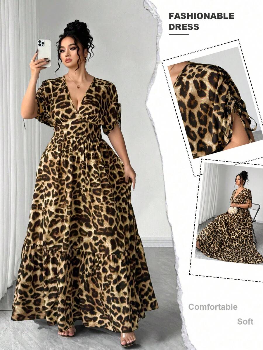 Elenzga 大码女式V领收腰喇叭豹纹优雅连衣裙 - 黃色 - 查看 1