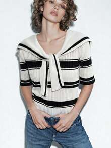 SHEIN Contrast Stripe Sailor Collar Tie-Front Knit Top - Black and White - View 3